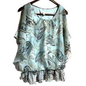 Y2K Cold Shoulder Blouse Sheer Blue Brown Peasant Top Flowy‎ Sleeve Large